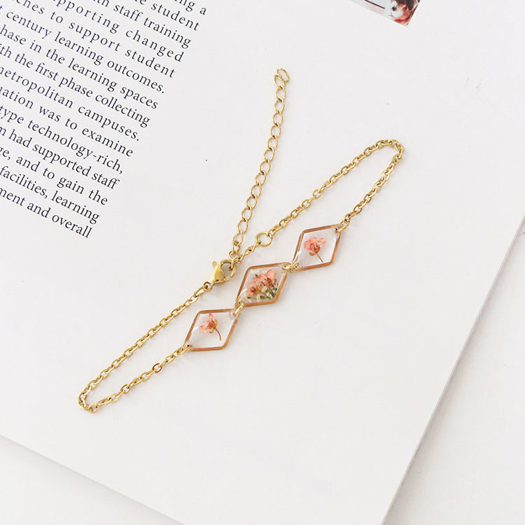 Wholesale 6PCS Gold Plated Dried Flower Transparent Resin Bracelet