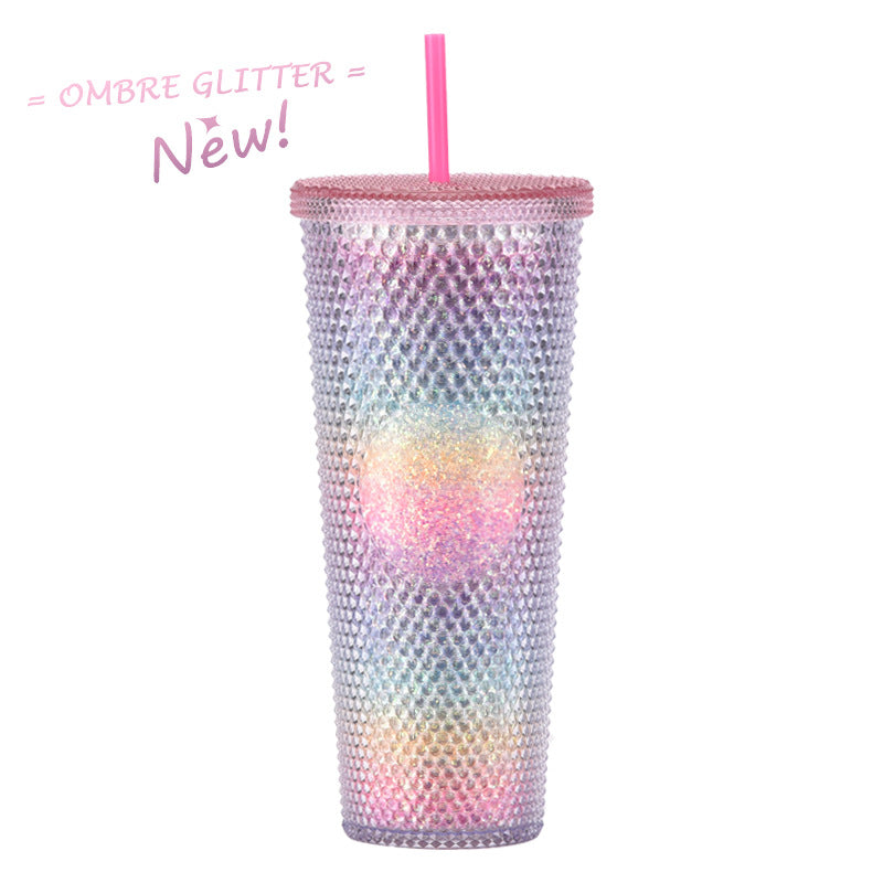 Wholesale Double-layer Plastic 710ml Durian Prick Hand Luminous Color Changing Rainbow Gradient Straw Cup