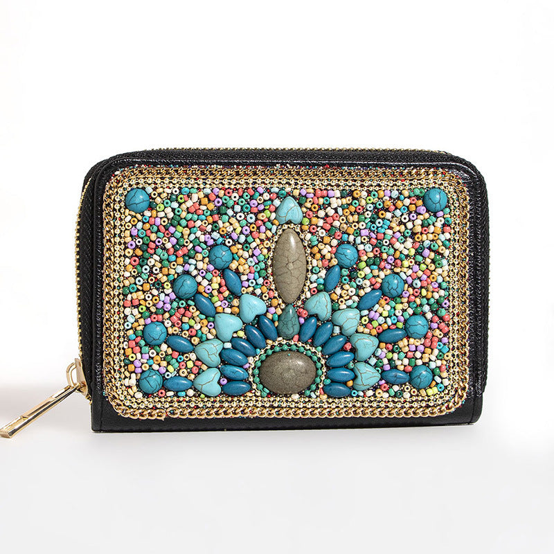 Wholesale Heavy Industry Boho Style Rice Beads Butterfly Flower PU Clutch Bag