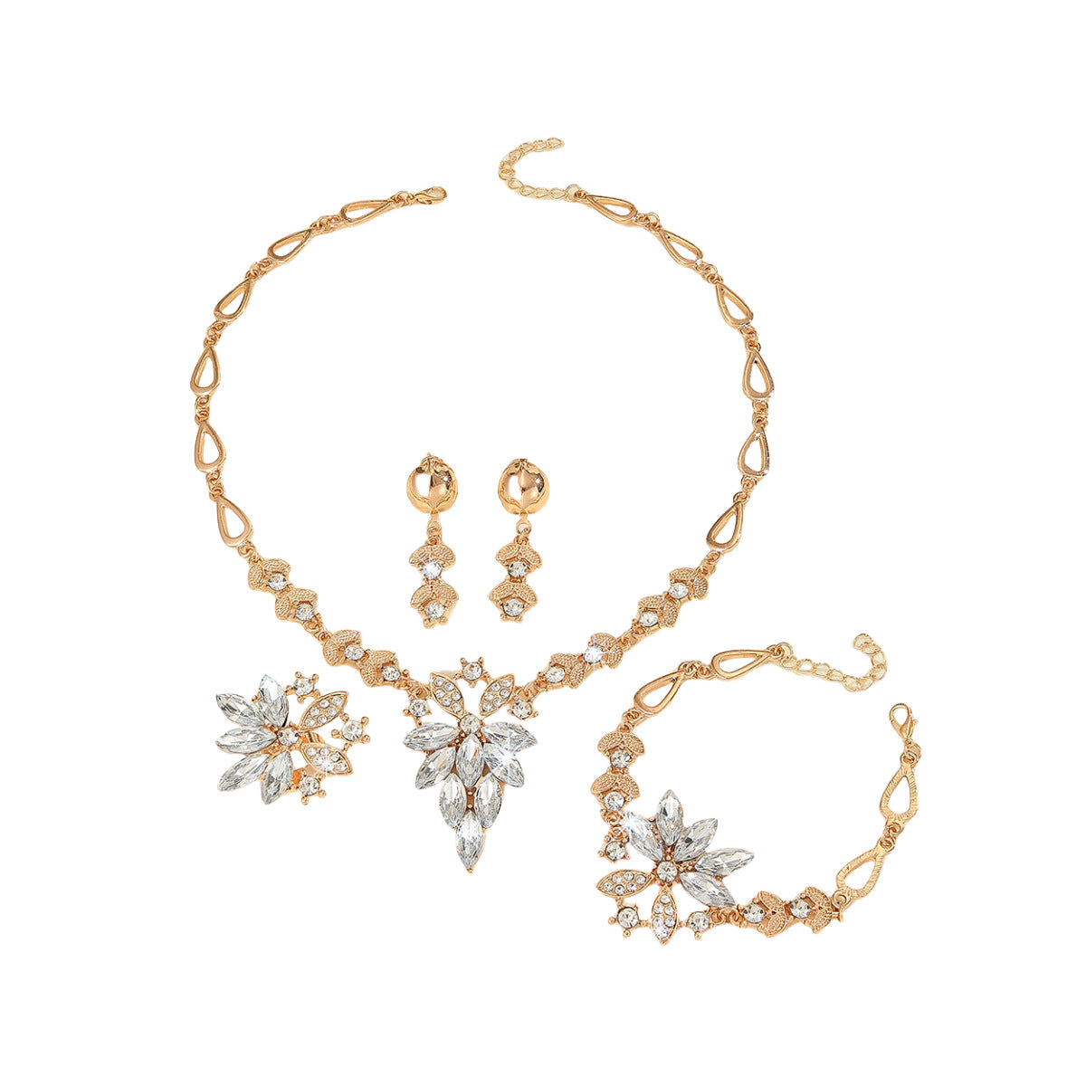 Wholesale Fashionable and Exaggerated Diamond-Encrusted White Marquise Necklace  Earrings Ring  and Bracelet Four-Piece Jewelry Set