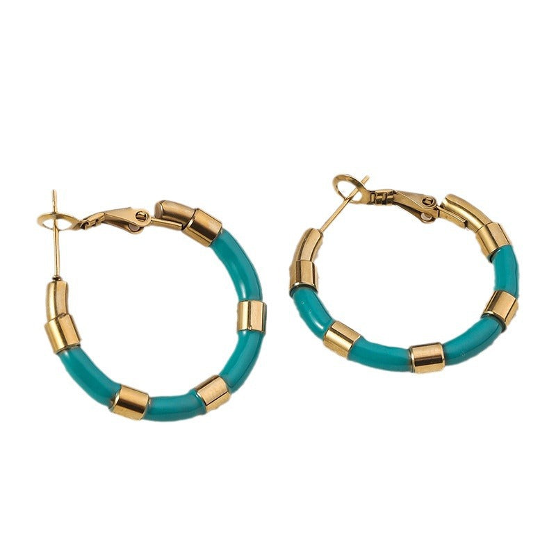 Wholesale Enamel Large Earrings Fashion Bamboo Stainless Steel Drip Oil Geometric Round 18K Real Gold Earrings