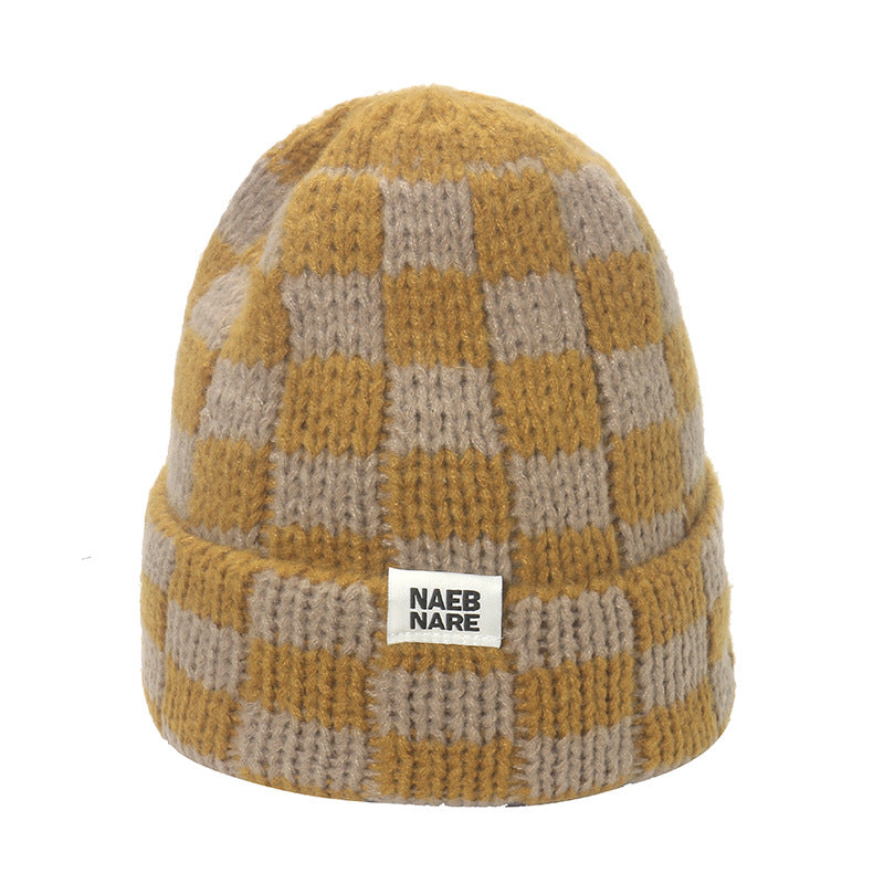 Wholesale Popular Niche Large Head Circumference Wool Thick Warm Checkerboard Plaid Knitted Hat