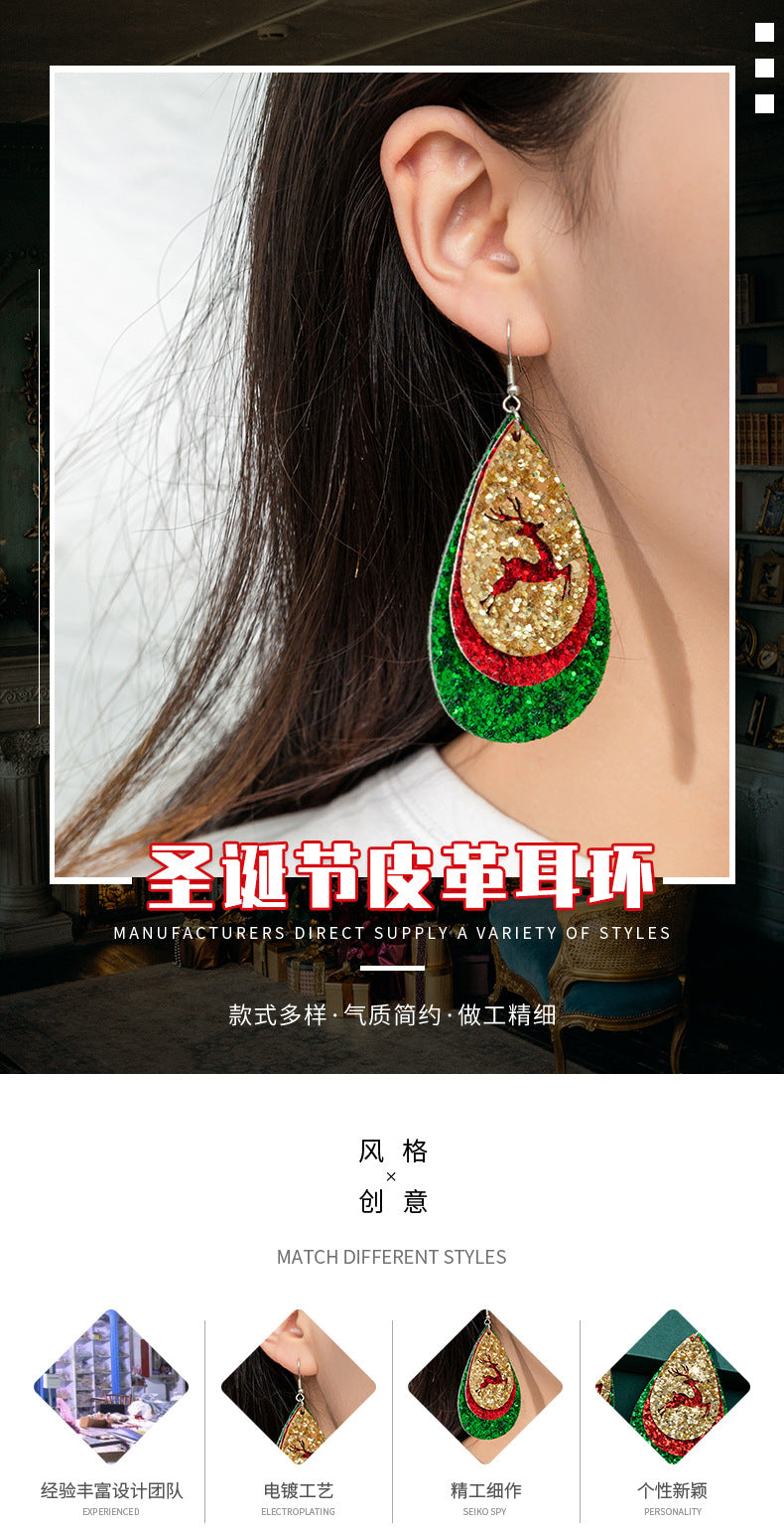 Wholesale Christmas Water Drop Sequins Sparkling Pink Hollow Elk Leather Earrings