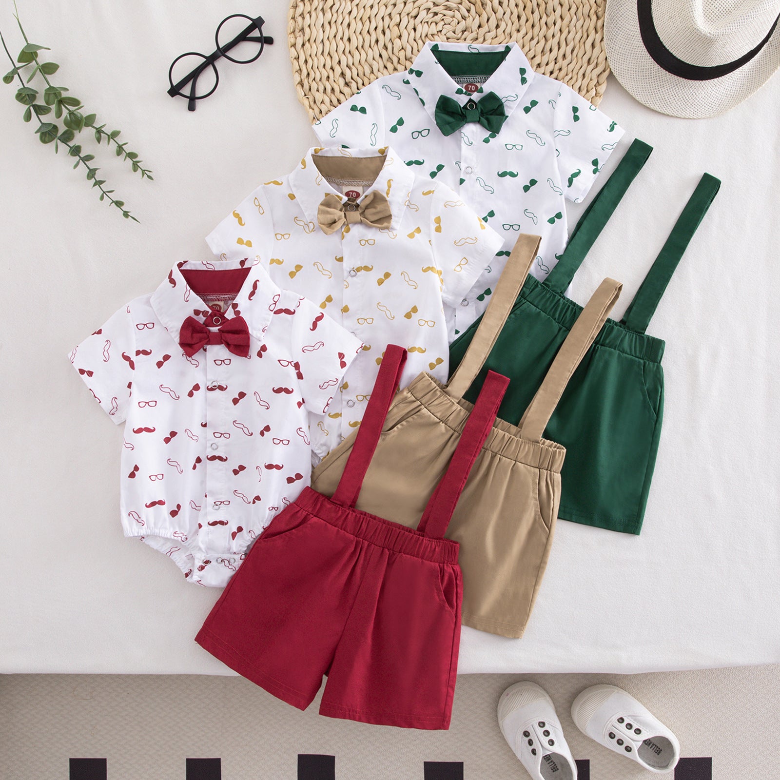 Wholesale Stylish Korean Style Baby Boy Summer Outfit Two Piece Set Printed Short Sleeve Top And Suspender Pants