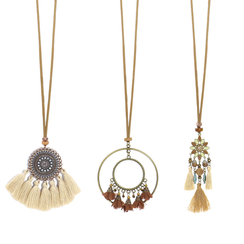 Wholesale Bohemian Tassel Flower Pendant Long Alloy Necklace