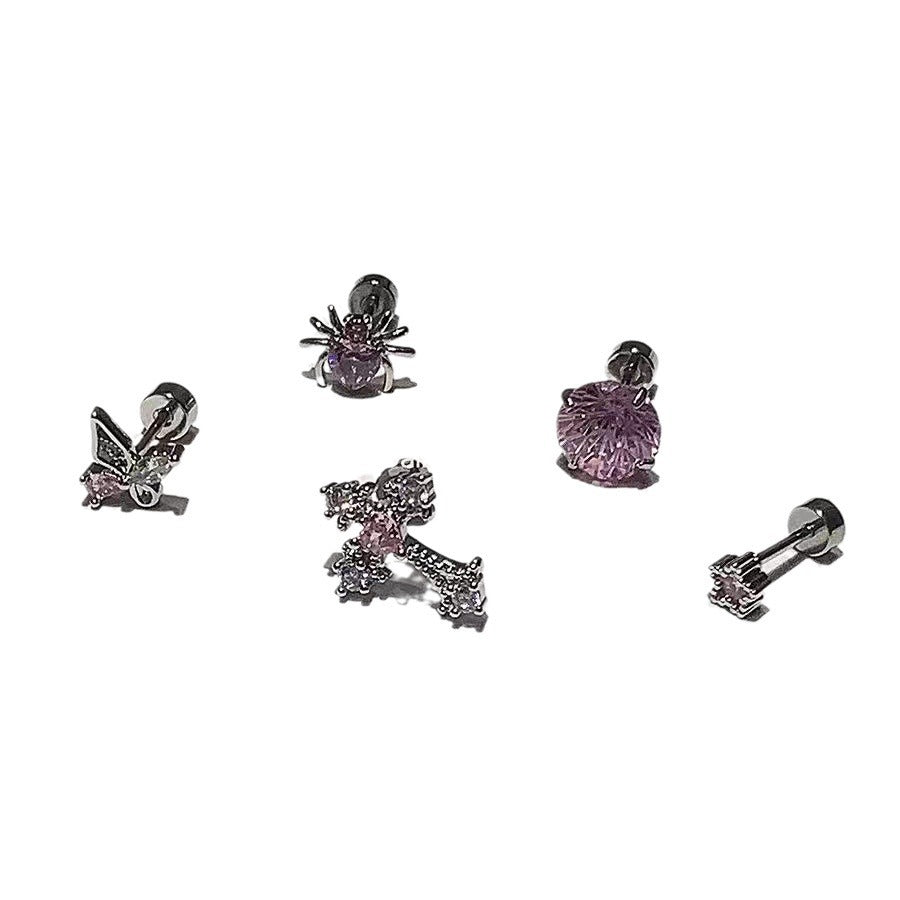 Wholesale Pink zircon cross ear bone studs titanium steel butterfly earrings