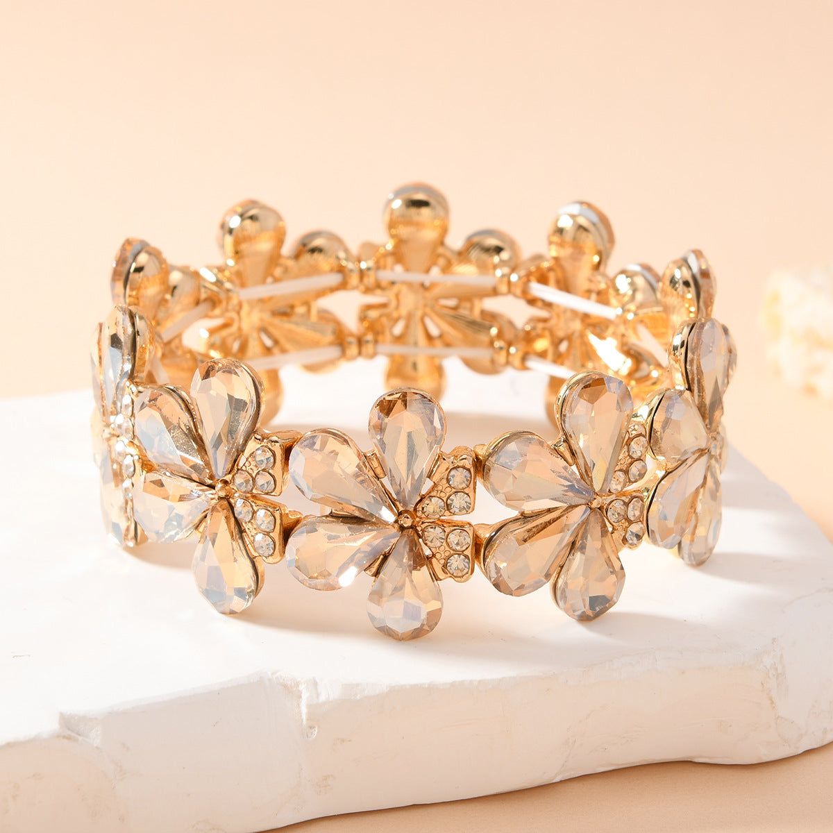 Wholesale Women S Elastic Stretch Bracelet With Golden White Glass Flower Gold Plated Zinc Alloy Dance Performance Party Jewelry Accessory Fashion Gift