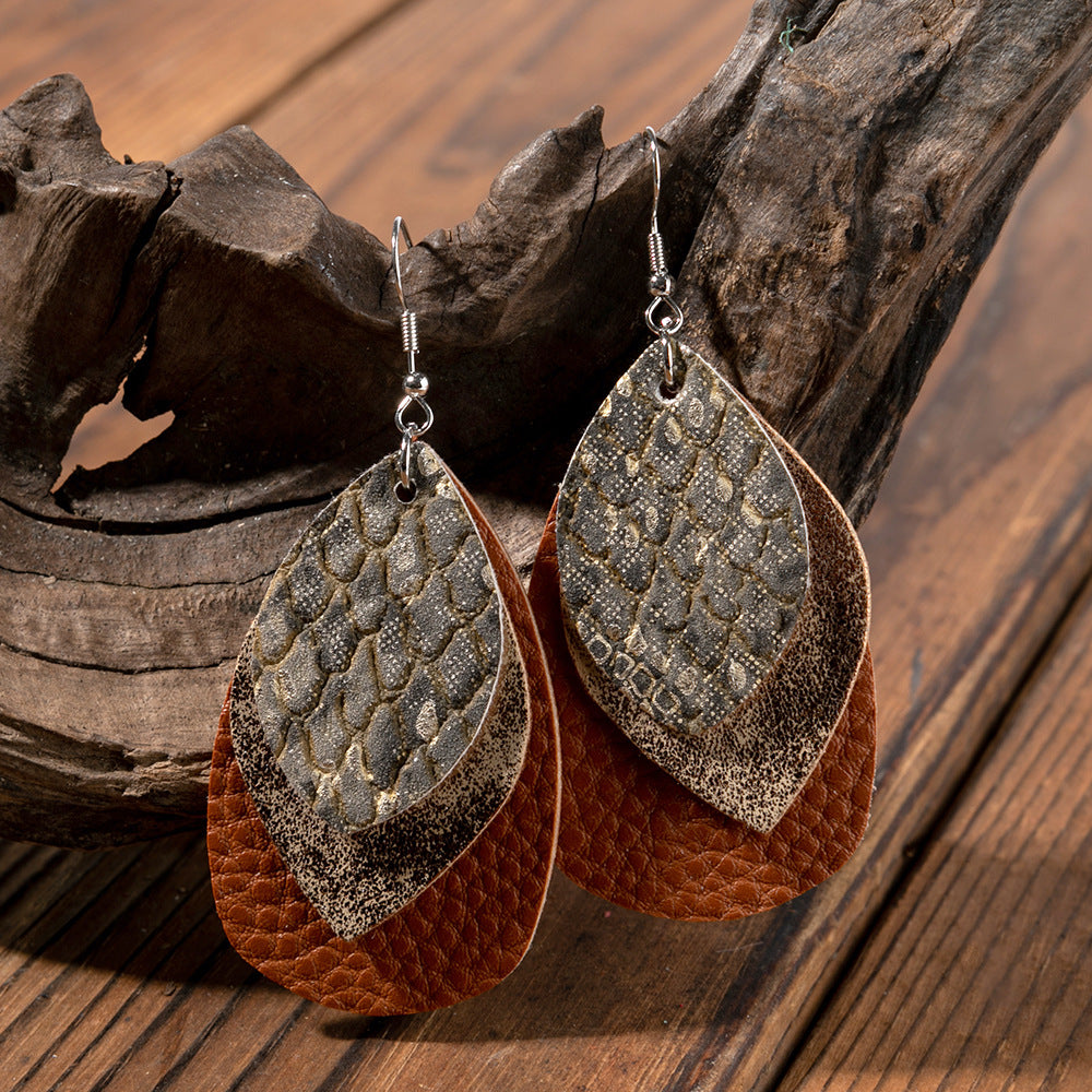 Wholesale Multi-layer Water drop Leaf Earrings PU Leather