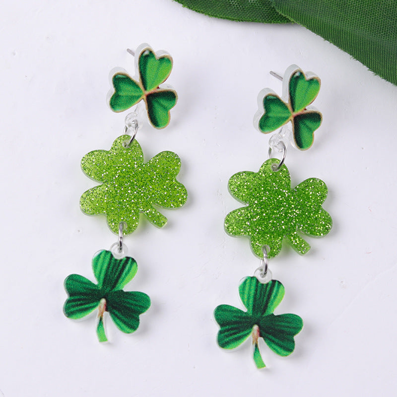 Wholesale St.  Patrick' s  Green AB Beer Acrylic  Clover Earrings