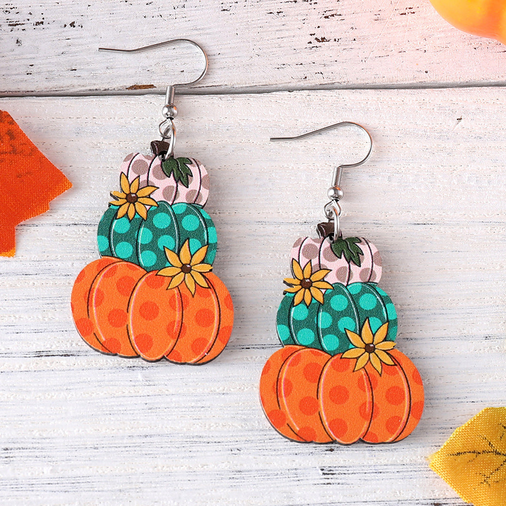 Wholesale Thanksgiving Wave Plaid Pumpkin Wooden Double-sided Earrings