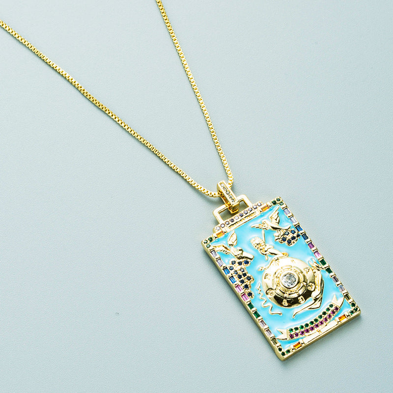 Wholesale Zircon Oil Drop Tarot Pattern Square Pendant Necklace