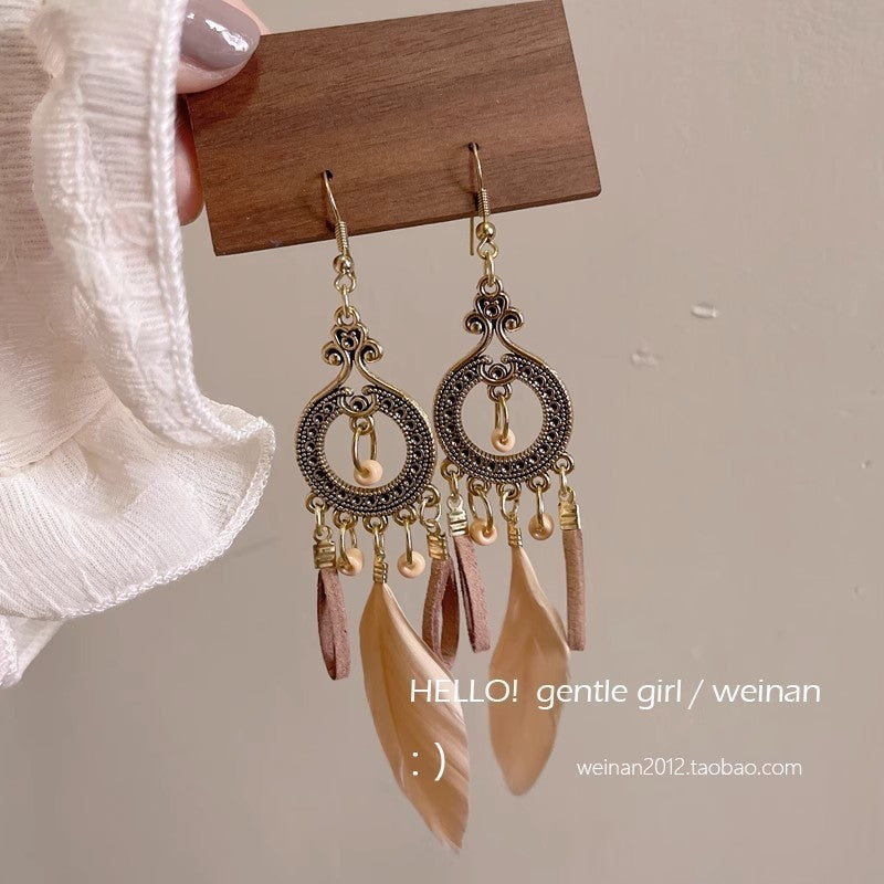 Wholesale Ethnic retro long multi-color holiday feather beaded circle earrings