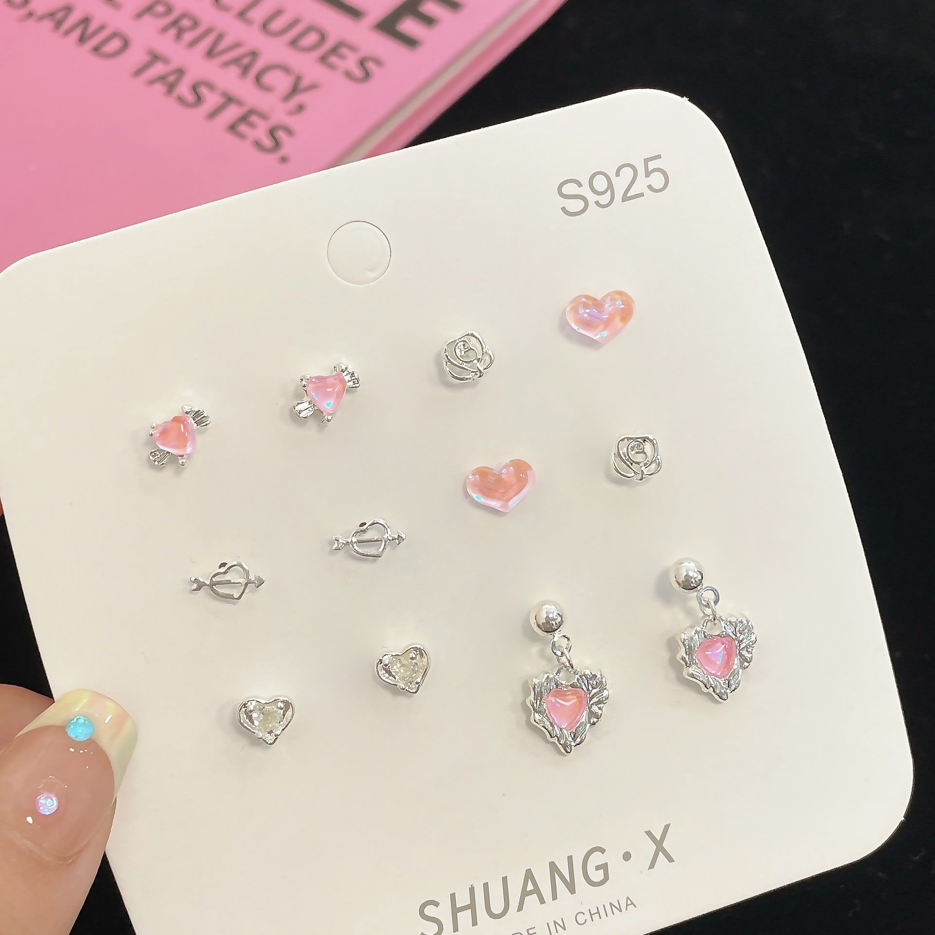 Wholesale Silver Needle Pink Diamond Heart Stud Earrings Set Planet Pendant