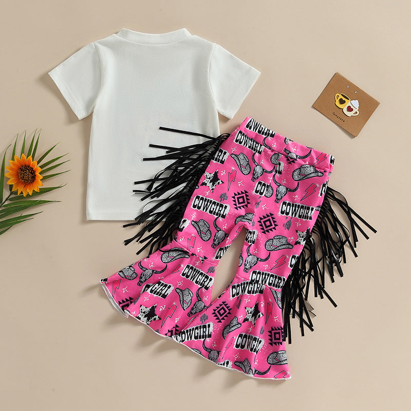 Wholesale Cotton Children's Letter Hat T-shirt Plum Color Tassel Bell Pants Suit