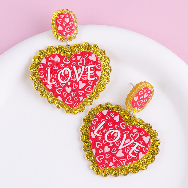 Wholesale Valentine' s Day Heart-shaped LOVE Acrylic Glitter Earrings