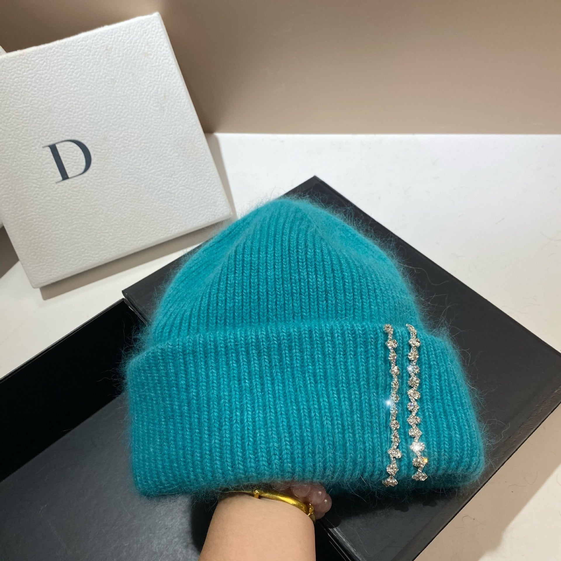 Wholesale Long Rabbit Fur Bi-fold Knitted Rhinestone Beanie