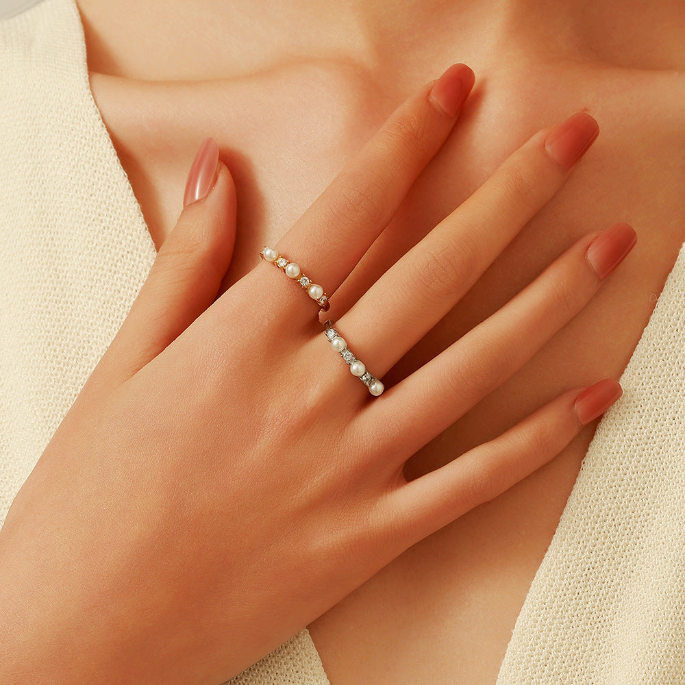 Wholesale Stainless Steel Luxury Gold-Plated Diamond Pearls Not Fade Ring