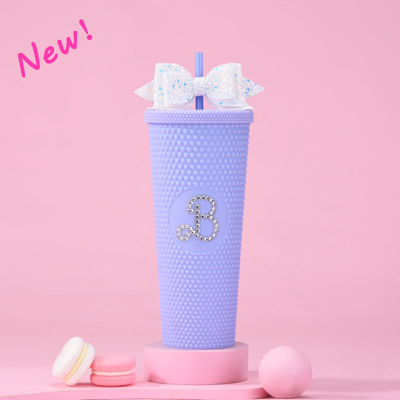 Wholesale Double-layer Plastic 710ml Large Capacity Straw Cup with Glitter Bow Tie Hand Cup Durian Cup