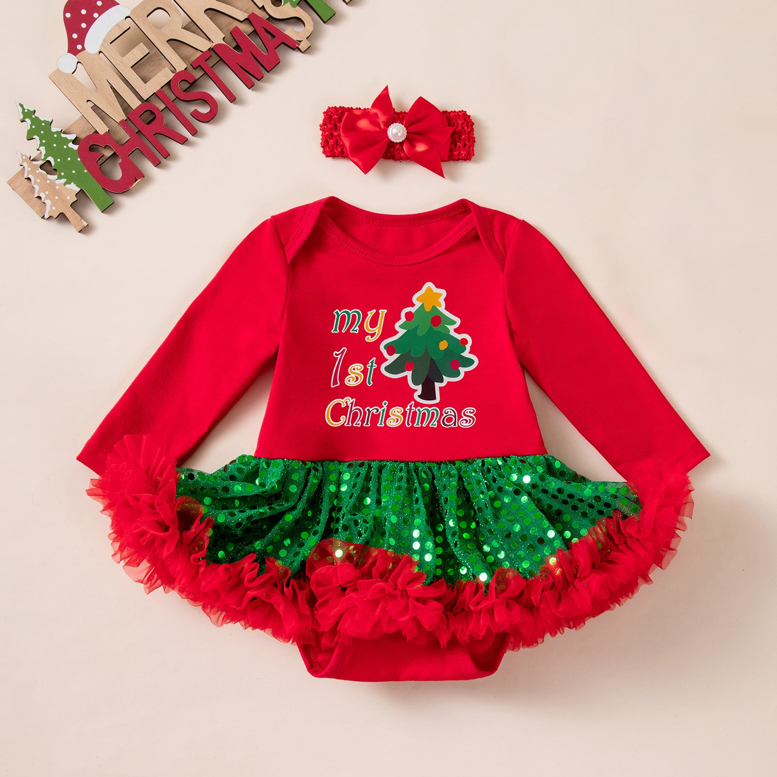 Wholesale Red Long Sleeve Sequin Tulle Baby Girl Christmas Dress Set With Hairband Leg Warmers Boutique Holiday Outfit