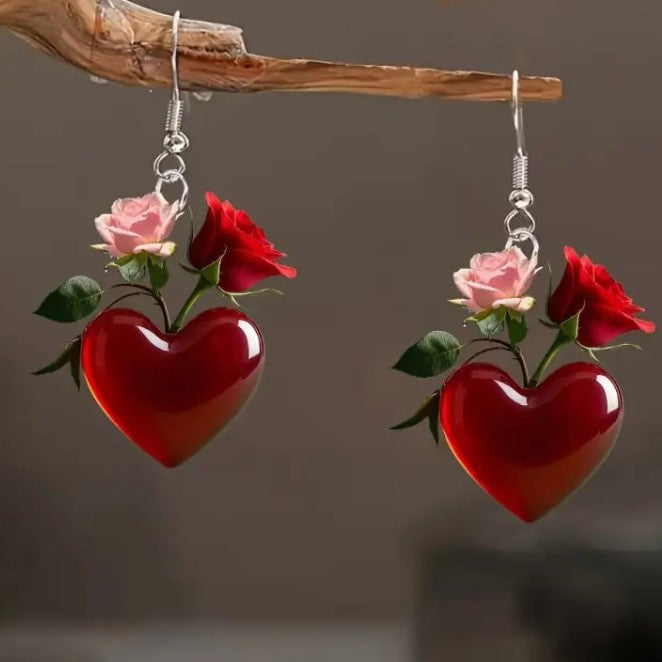 Wholesale Heart shaped Red Rose Valentine' s Day Acrylic Earrings
