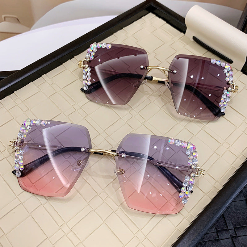 Wholesale Glittery Starry Sky Diamond Large Frame Cut Edge Square Frame Sunglasses