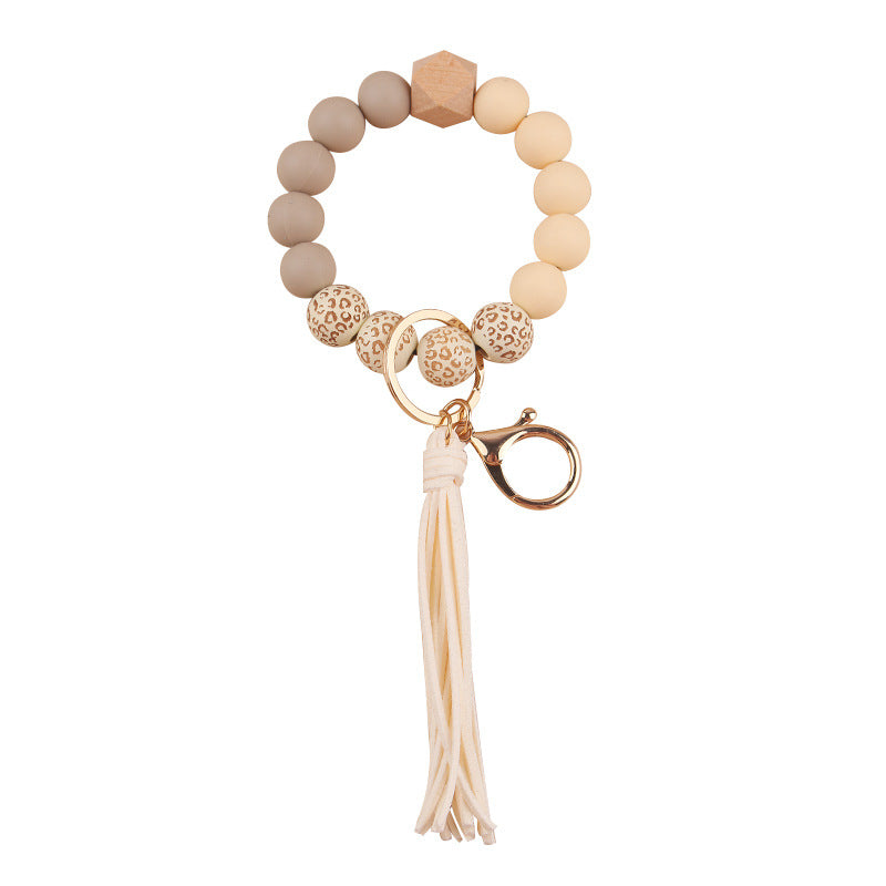 Wholesale European Style Silicone Wood Bead Keychain With Leather Tassel DIY Bracelet Making Kit Fashion Gift For Wedding Party Resale Accessory