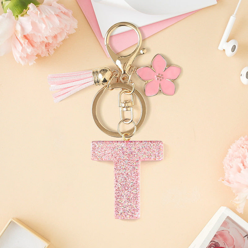 Wholesale Pink 26 letter Sparkling Pink Flower Tassel Keychain