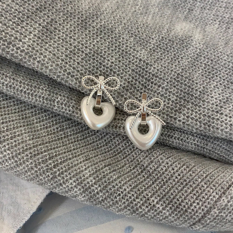 Wholesale Sweet French Bow Heart Pearl Earrings