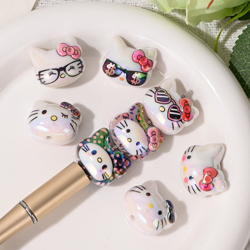 Wholesale 10pcs/pack Color-plated cute 3D cat head straight hole beads