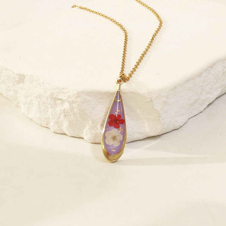 Wholesale 6pcs Resin Colored Dried Flower Pendant Water Drop Necklace
