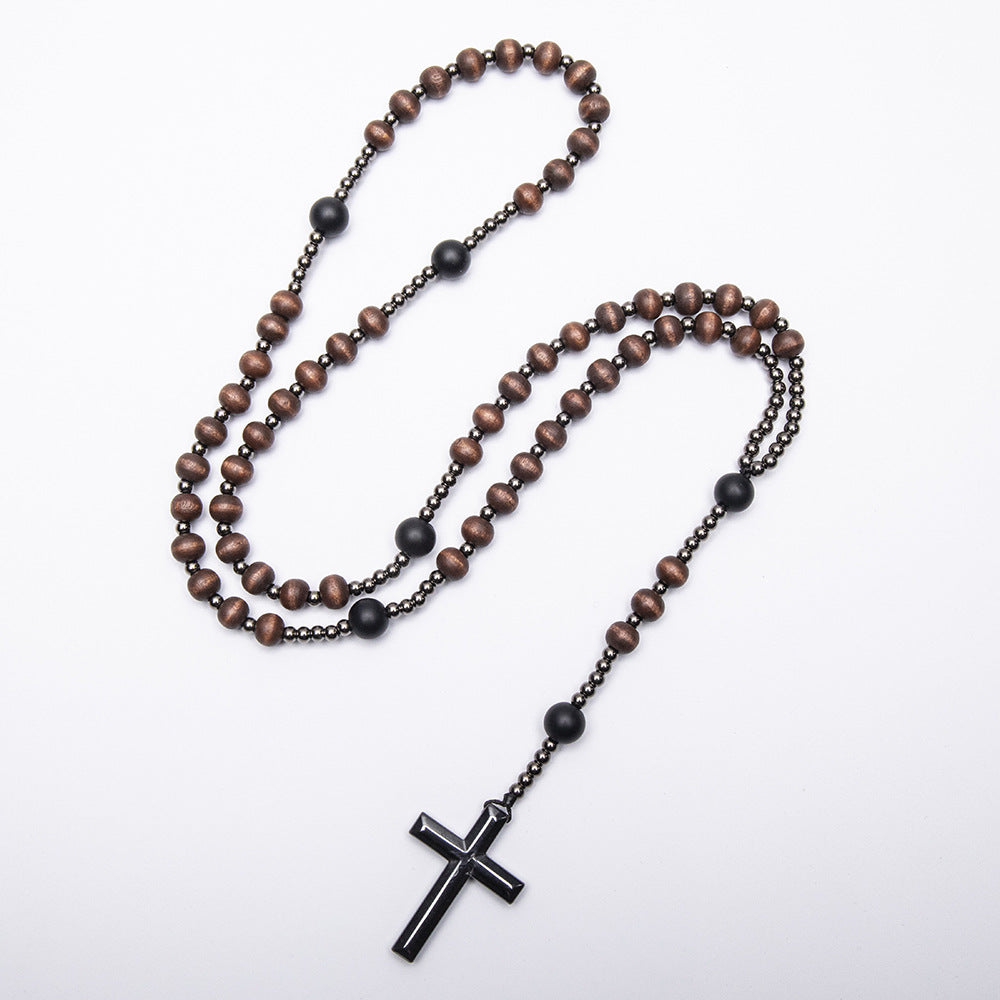 Wholesale Wooden Beads Black Gallstone Cross Religious Long Rosary Necklace