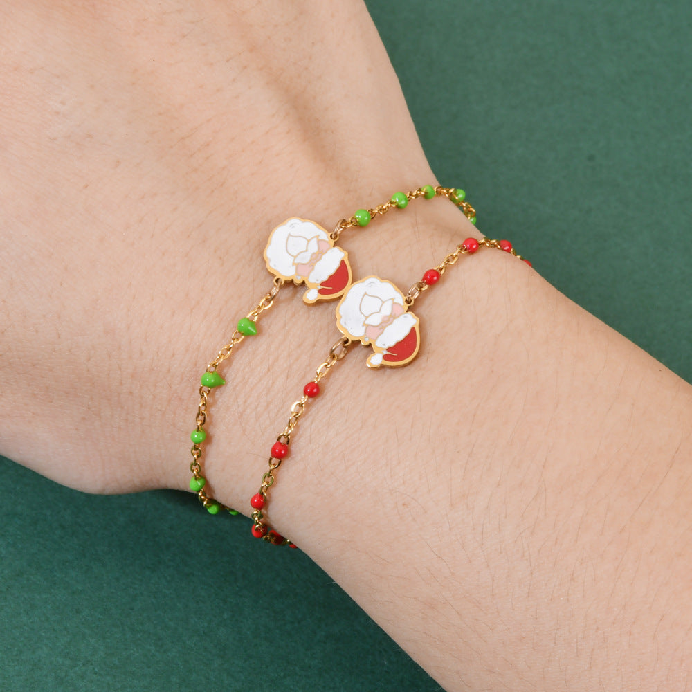 Wholesale Christmas Alloy Drip Oil Santa Claus Stainless Steel Rice Bead Bracelet