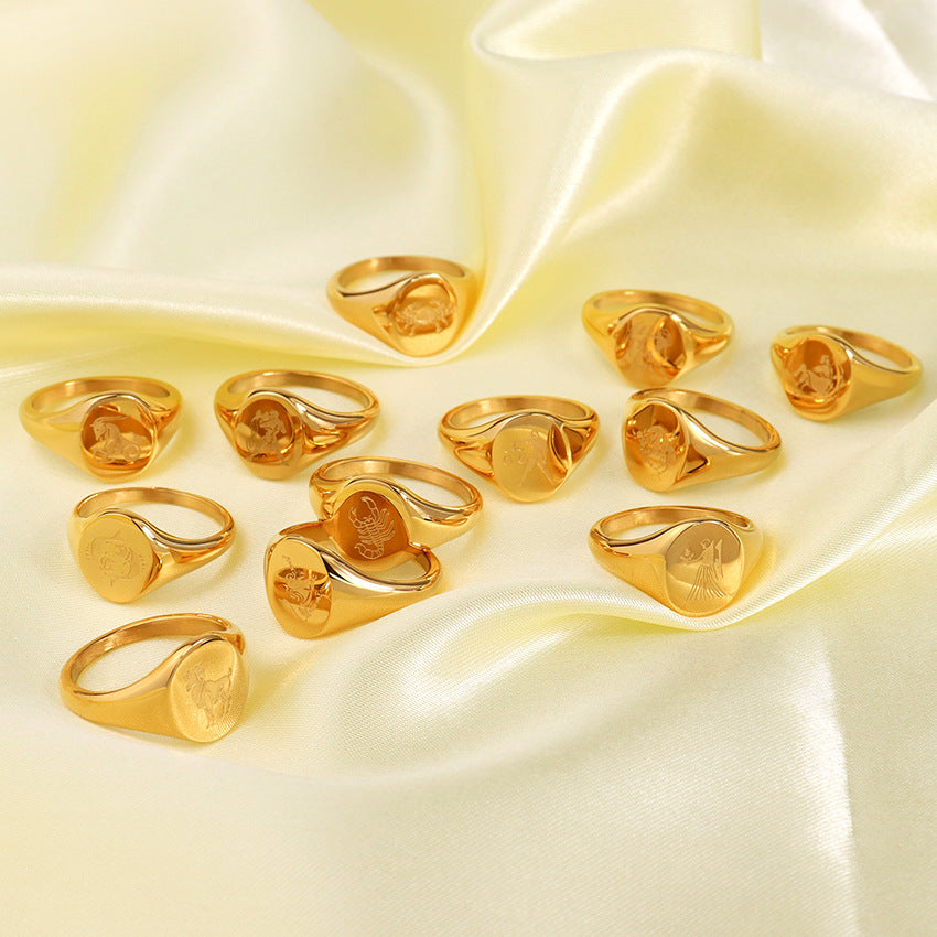 Wholesale Engraved Pattern Stainless Steel Electroplated 18K Gold Engraved Constellation Pattern Ring