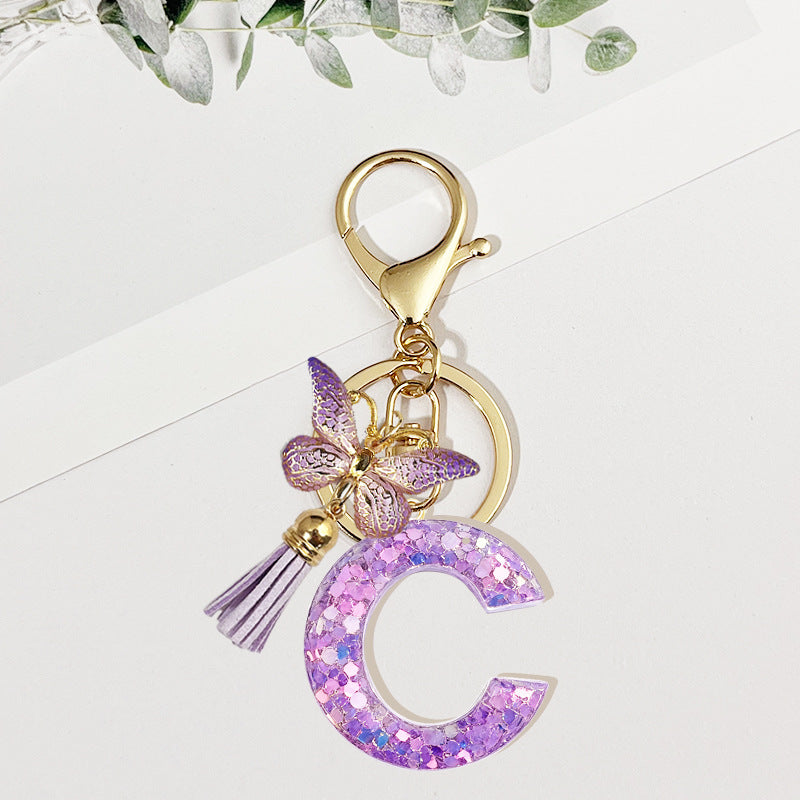 Wholesale Pink sequined butterfly 26 letter Sequin Keychain
