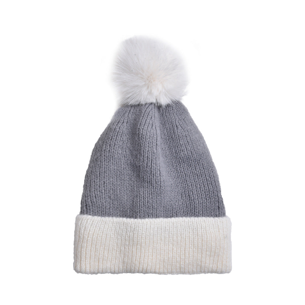 Wholesale Wool Ball Color Matching Knitted Hat Autumn and Winter Plus Velvet Thickened Windproof and Cold-proof Woolen Hat