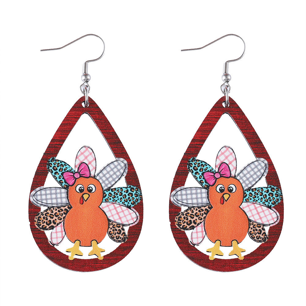 Thanksgiving Wooden Double-Sided Turkey Pendant Earrings
