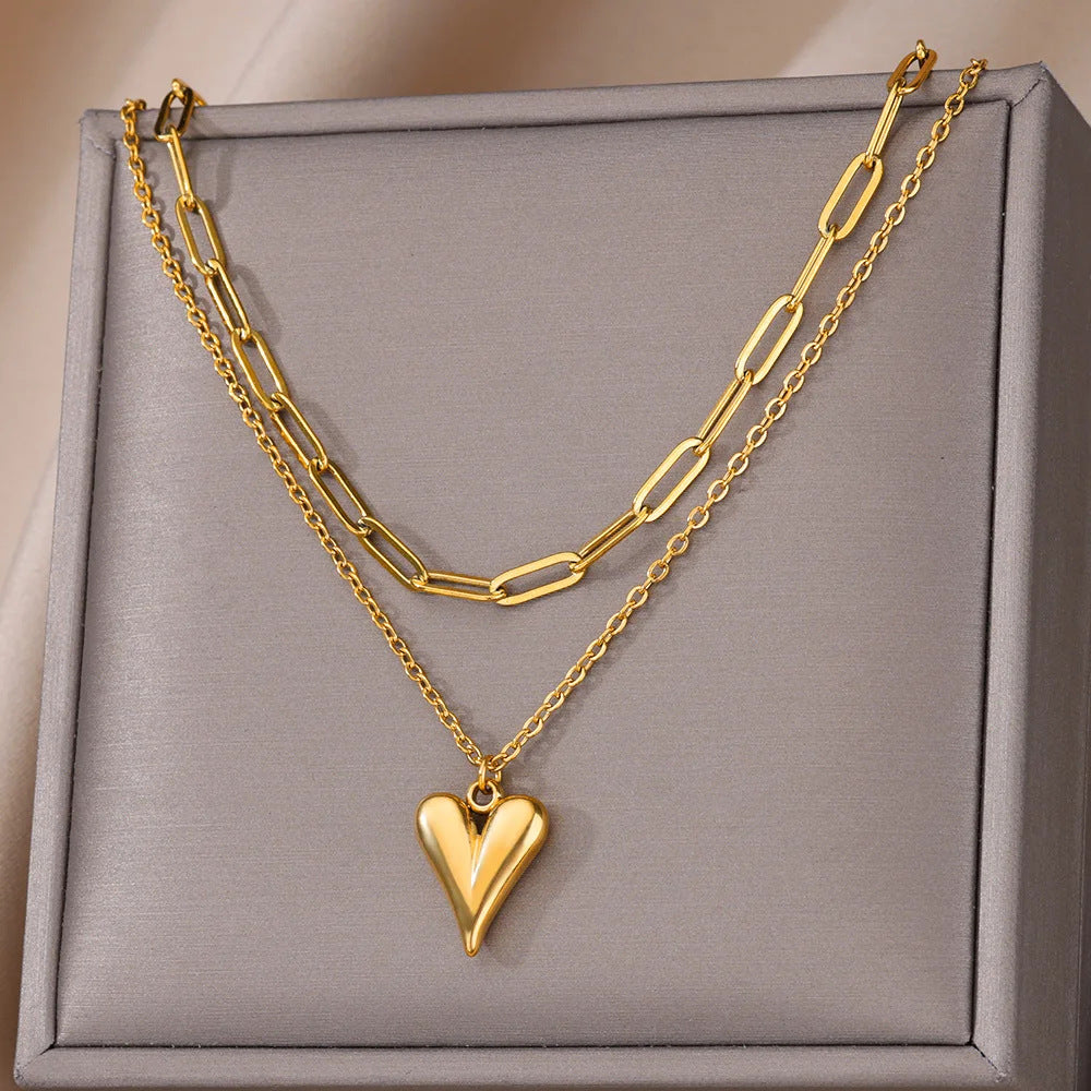 Wholesale  Heart Pendant Double-Layer Stainless Steel Necklace