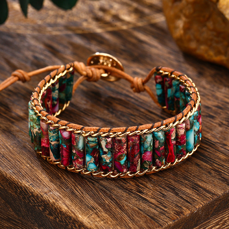 Wholesale Imperial Stone Cow Leather Rope Hand Woven Ethnic Style Leather Bracelet