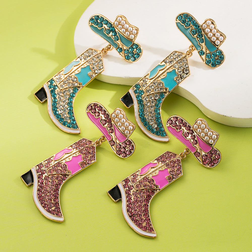 Wholesale Western style diamond cowboy boots and exaggerated colored diamond earrings