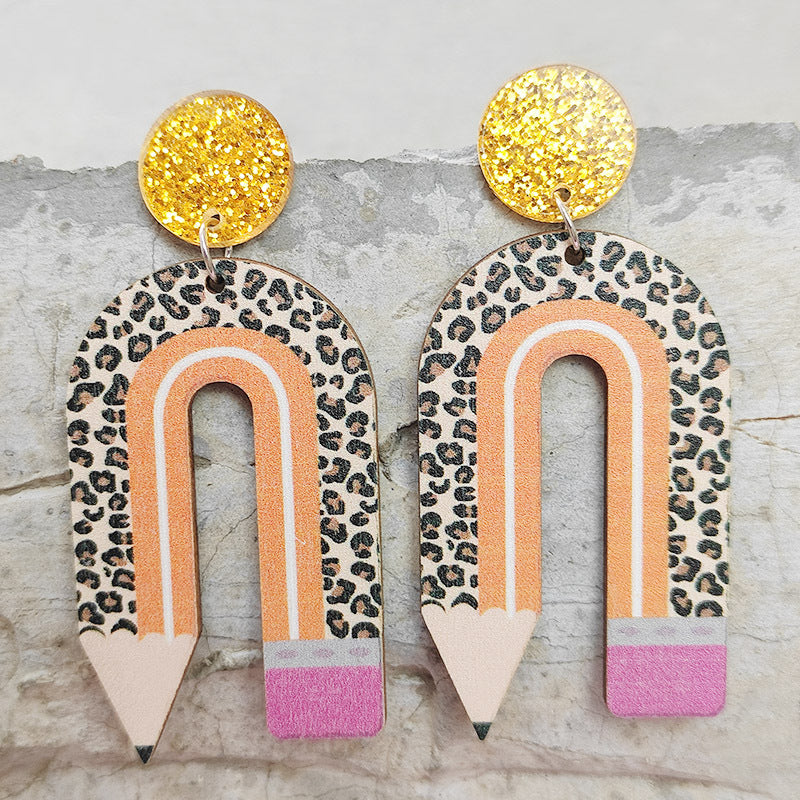Wholesale 2 Pairs/Pack Wooden Printing Pencil U Shape Leopard Print Color Matching Earrings