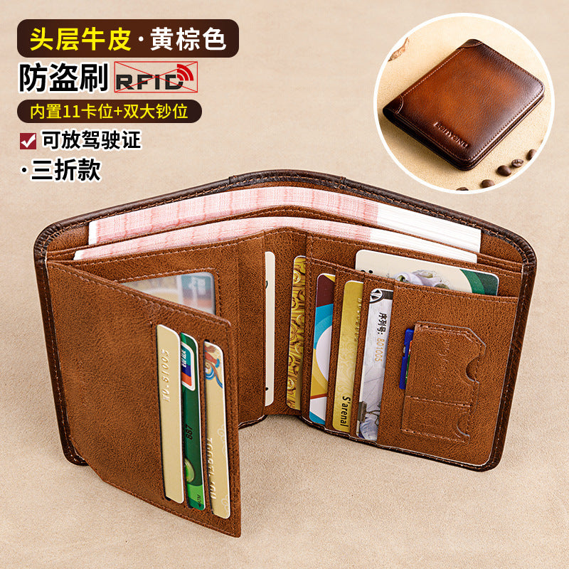 Wholesale Men's Wallet RFID Anti-theft Brushed Genuine Leather Wallet
