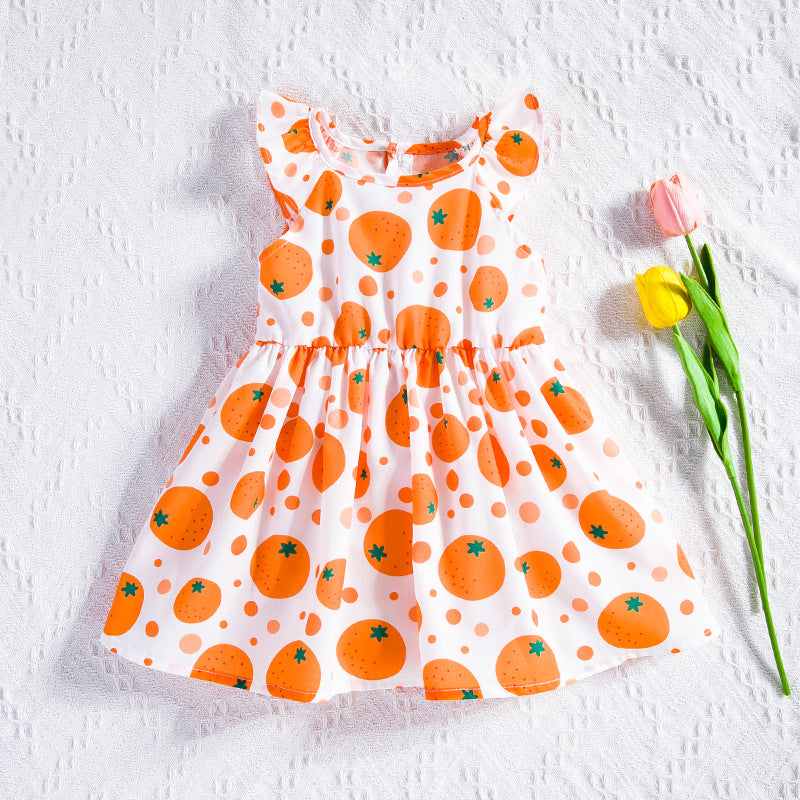 Wholesale Trendy Baby Girl Orange Fruit Print Summer Dress For Toddlers Polyester Party And Everyday Wear