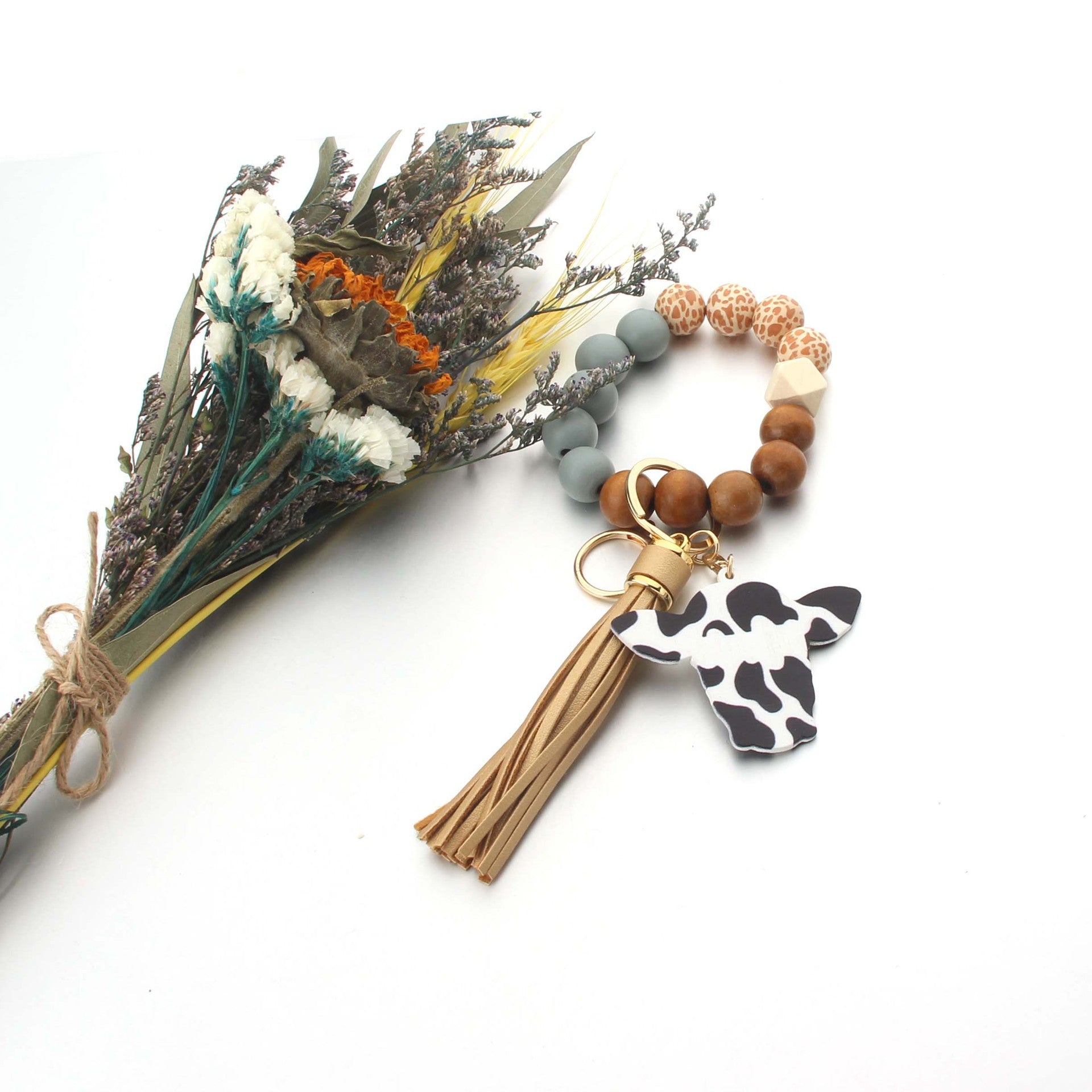 Wholesale Bull Head Wooden Plaque Leopard Print Wooden Beads Wrist Keychain