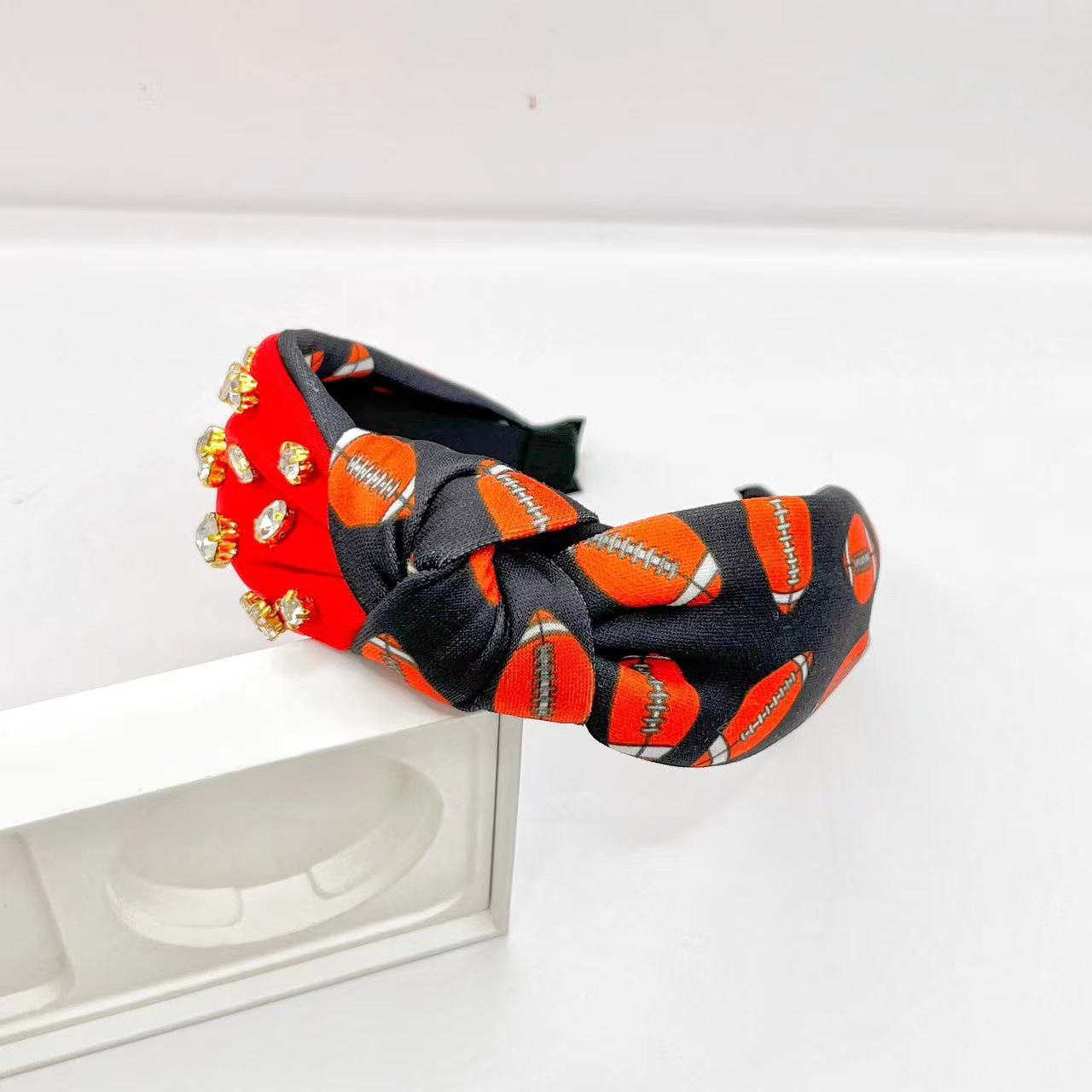 Wholesale Thanksgiving Knot Pumpkin Print Wide Edge Fabric Set with Diamond Hair Hoops