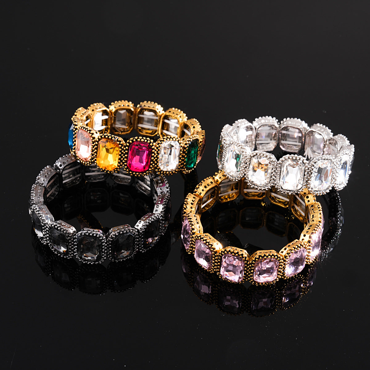 Wholesale Unisex Rhinestone Oval Stretch Bracelet Gold Colorful Fashion Jewelry Accessory Gift