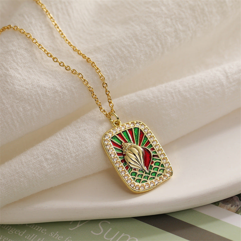 Wholesale Colorful Drip Oil Shell Conch Tarot Pendant Necklace with Micro Set Colored Zircon