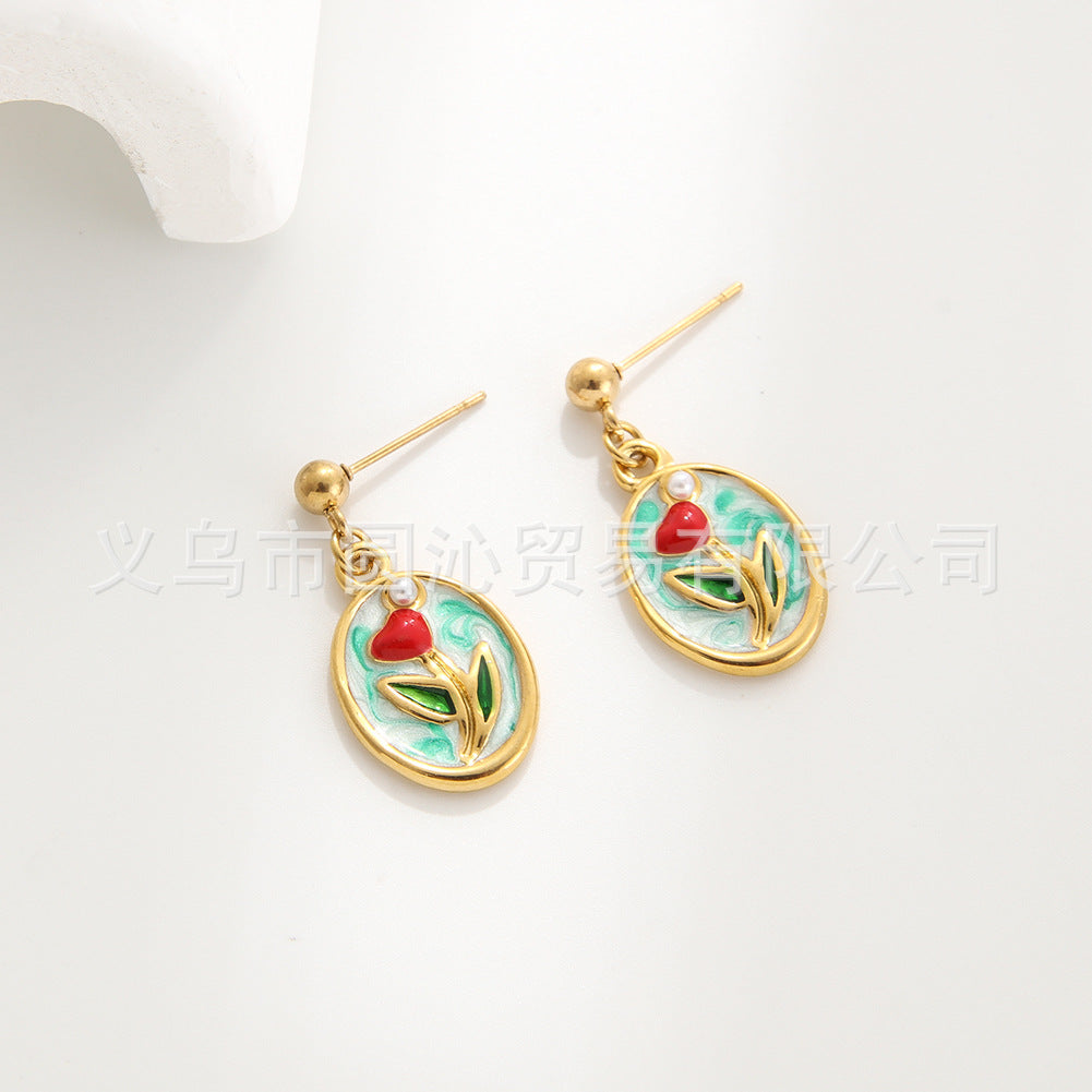 Wholesale Medieval Style Monet Oil Painting Flower Pendant Earrings Necklace Set