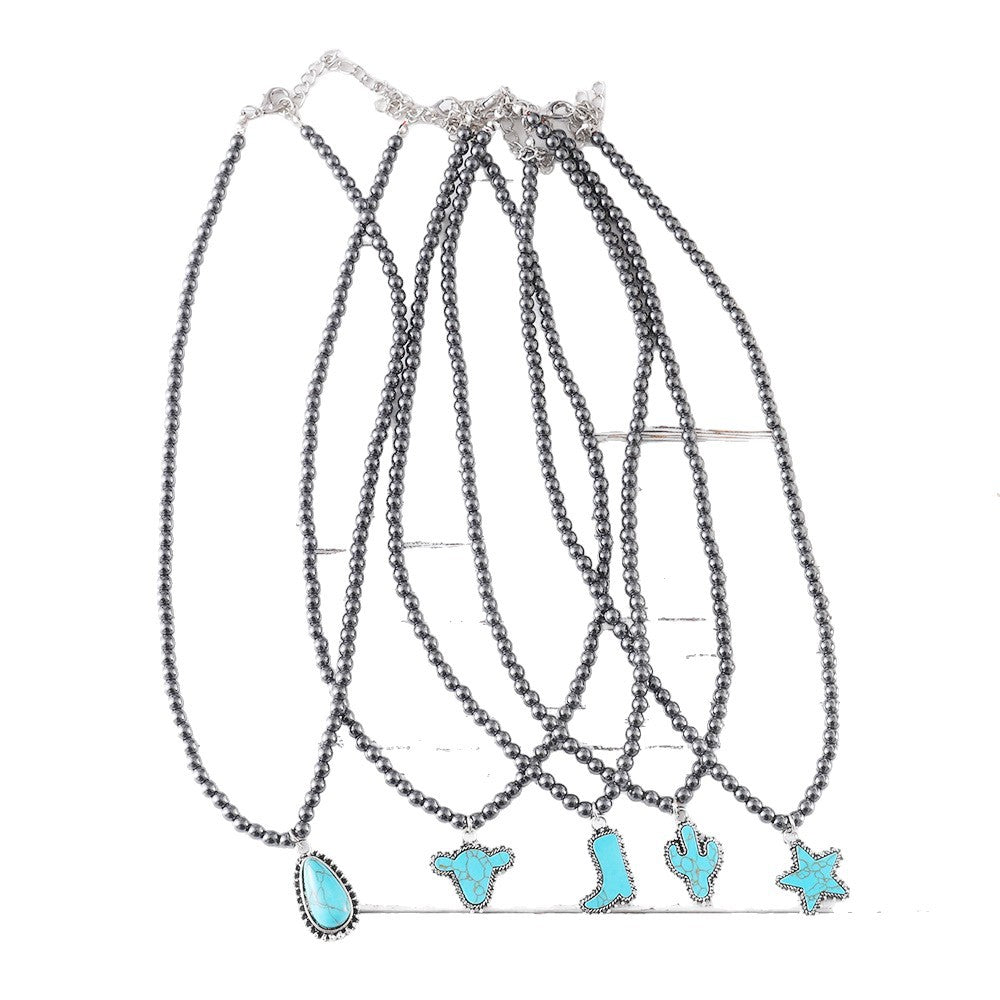 Wholesale Popular Fashion Elegant Black Ball Bead Necklace Women's Cowboy Boots Bull Head Five-Pointed Star Jewelry