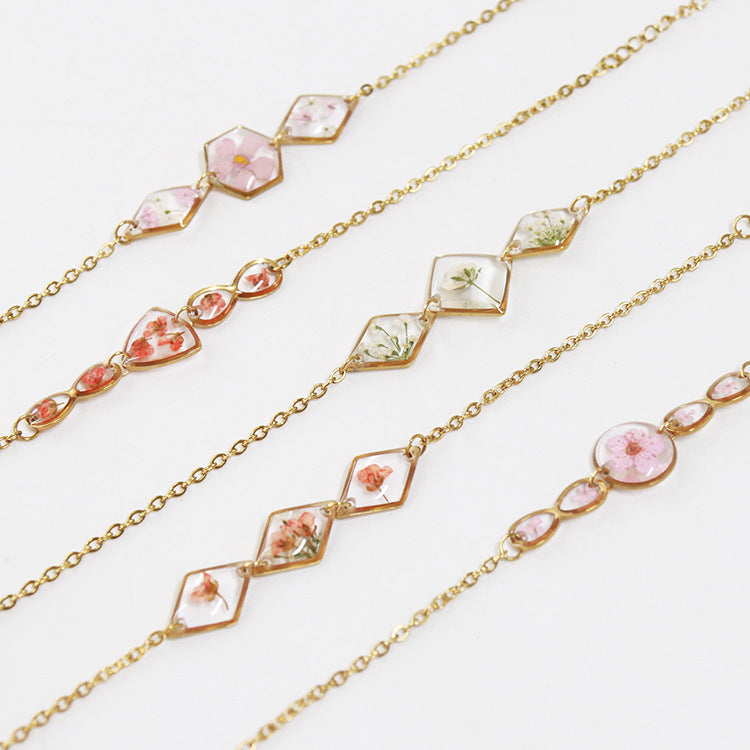 Wholesale 6PCS Gold Plated Dried Flower Transparent Resin Bracelet