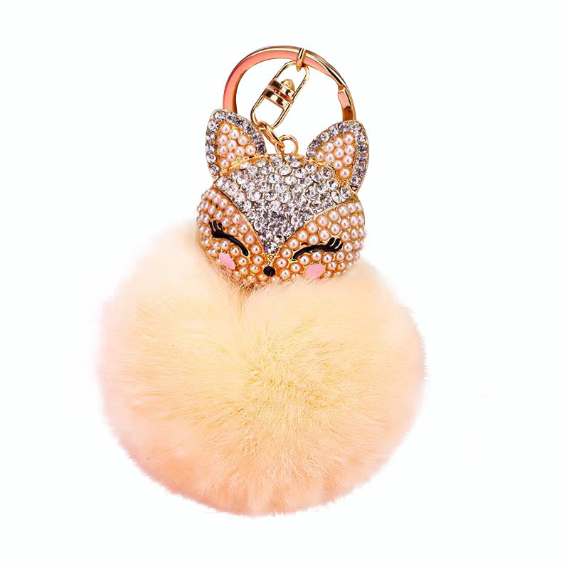 Wholesale Creative Water Diamond Fox Head Hairball Keychain